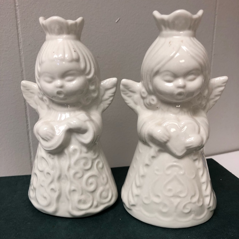 2 Dresden Vintage Christmas Caroler Porcelain Angels 1940s Candle Holders EUC